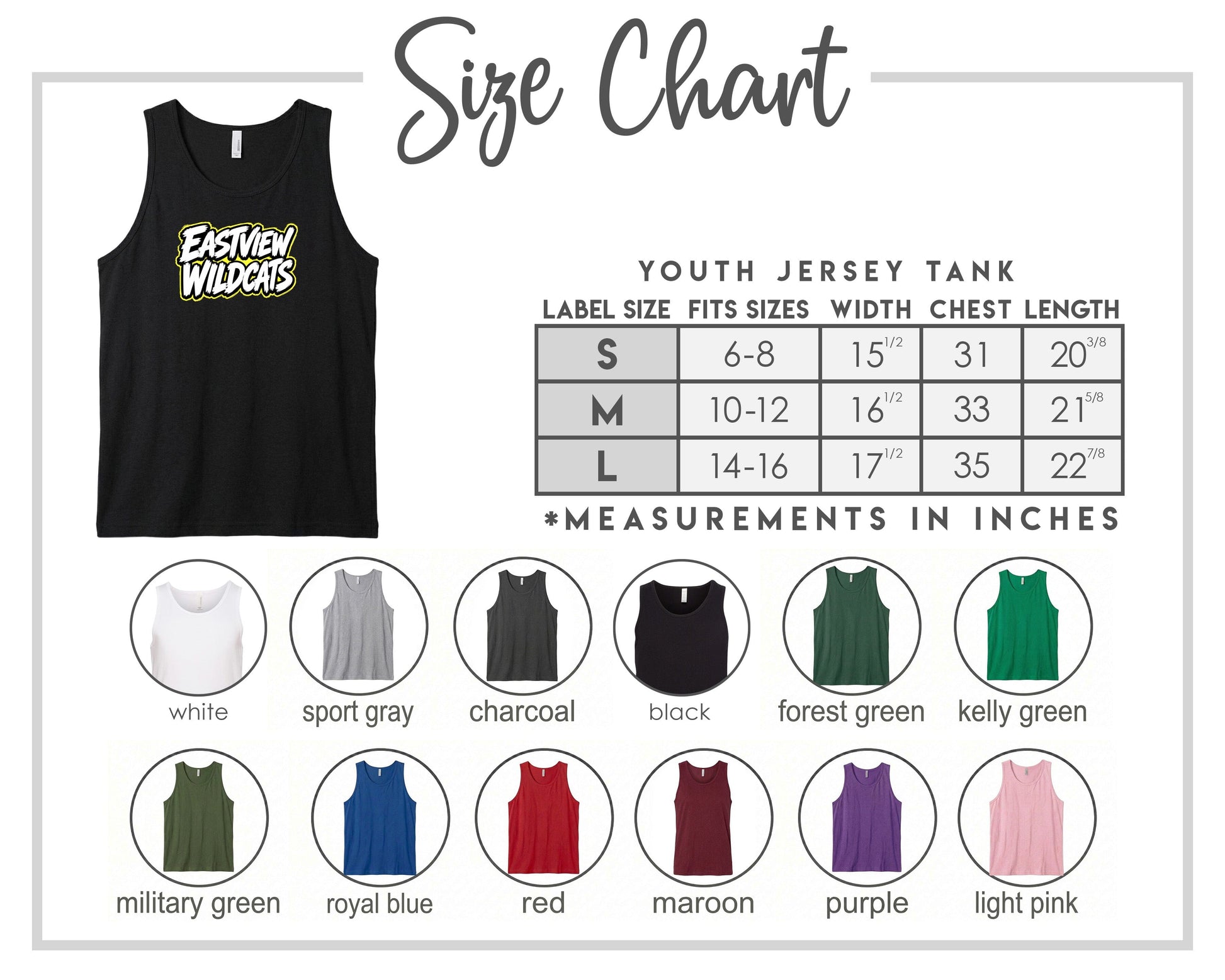 The image is a size chart for a youth jersey tank, displaying various color options and corresponding measurements in inches.