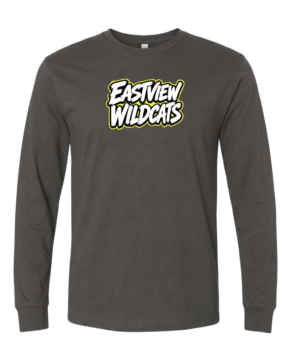 A gray long-sleeved t-shirt with a bold, yellow text logo that reads "Eastview Wildcats".