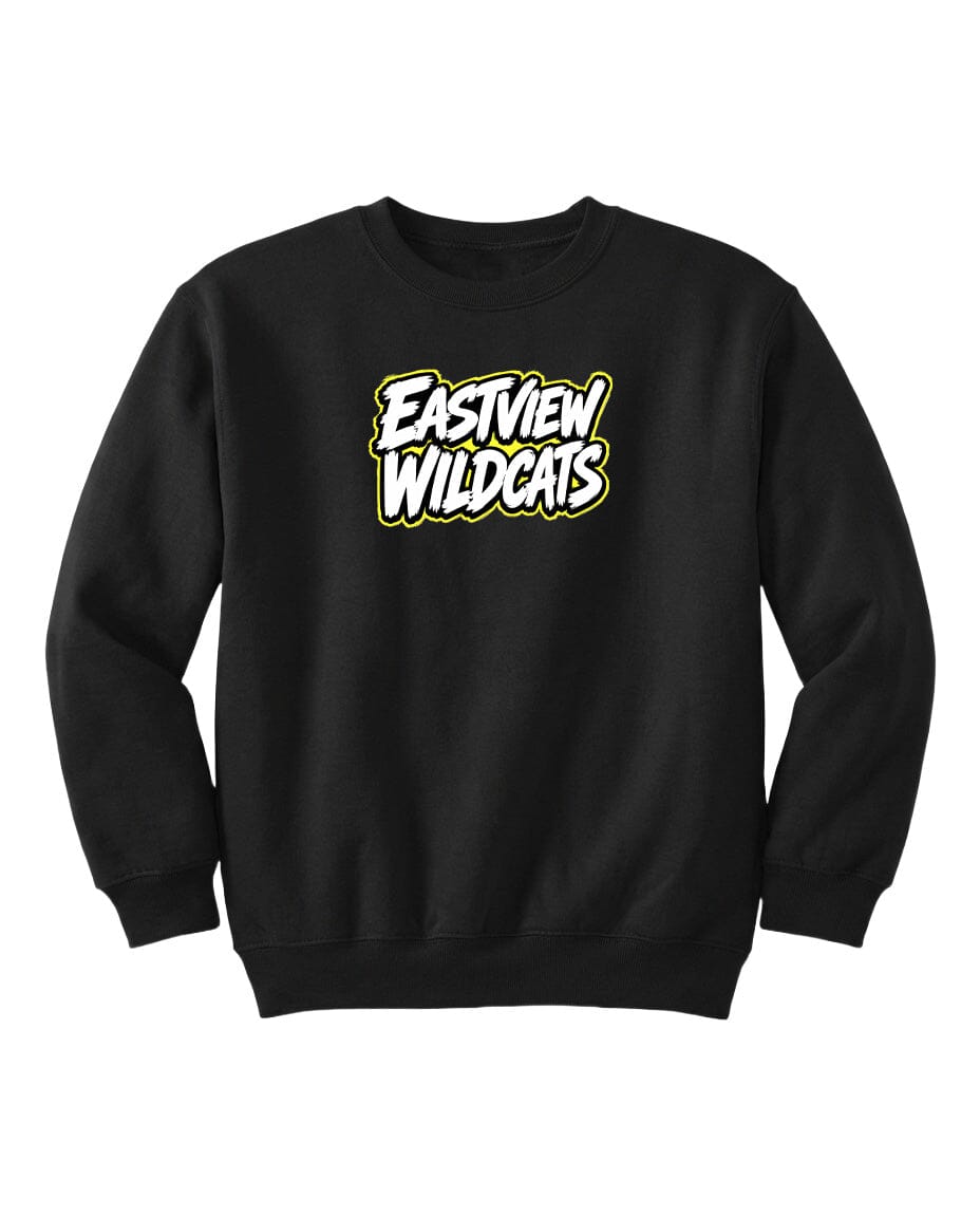 A black sweatshirt with the text "EASTVIEW WILDCATS" printed on it in white and yellow lettering.