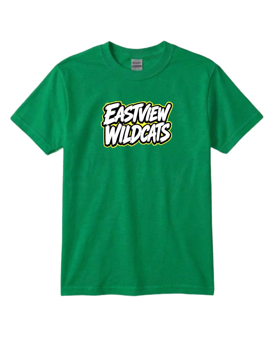 A green t-shirt with the text "EASTVIEW WILDCATS" printed on it.