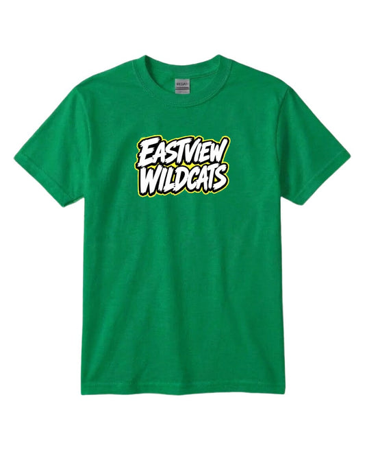 A green t-shirt with the text "EASTVIEW WILDCATS" printed on it.