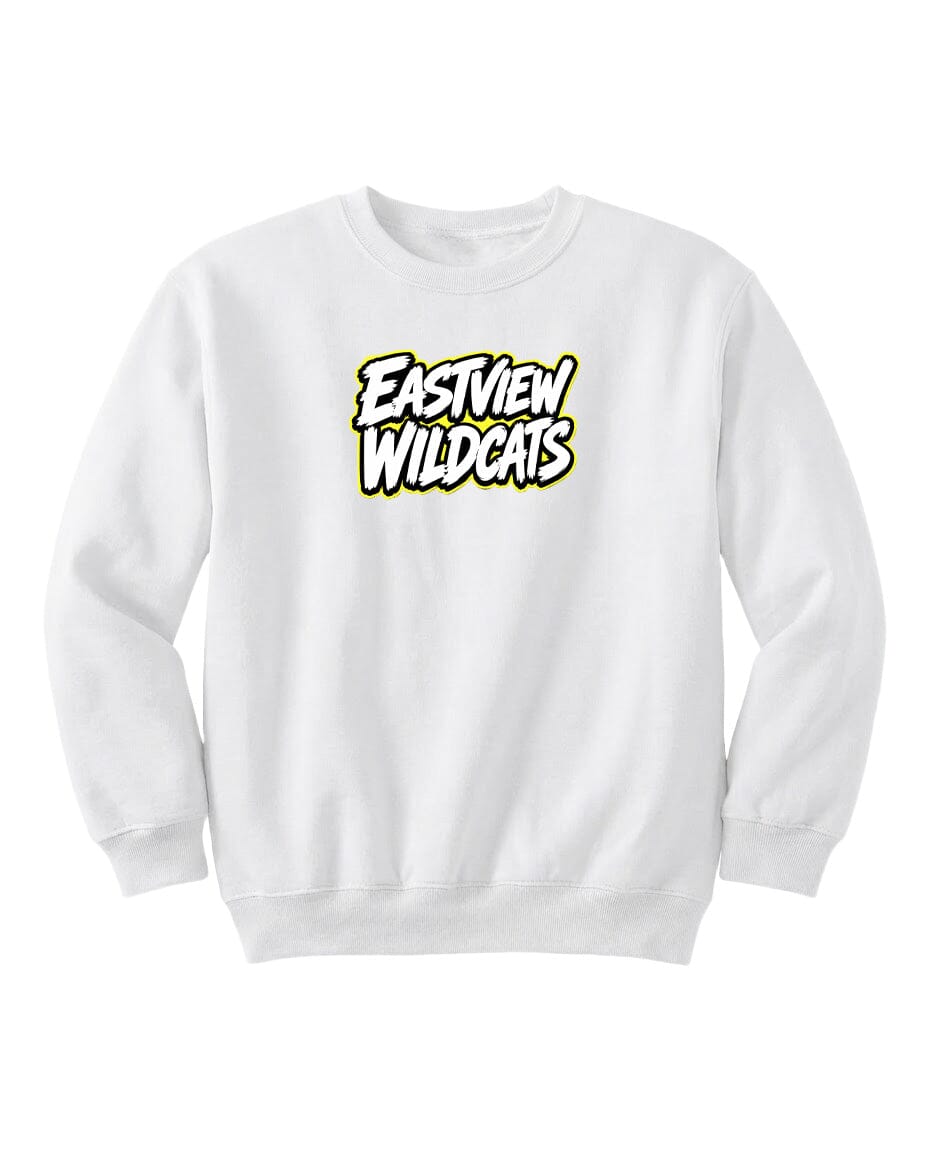A white sweatshirt with the text "EASTVIEW WILDCATS" printed on it.