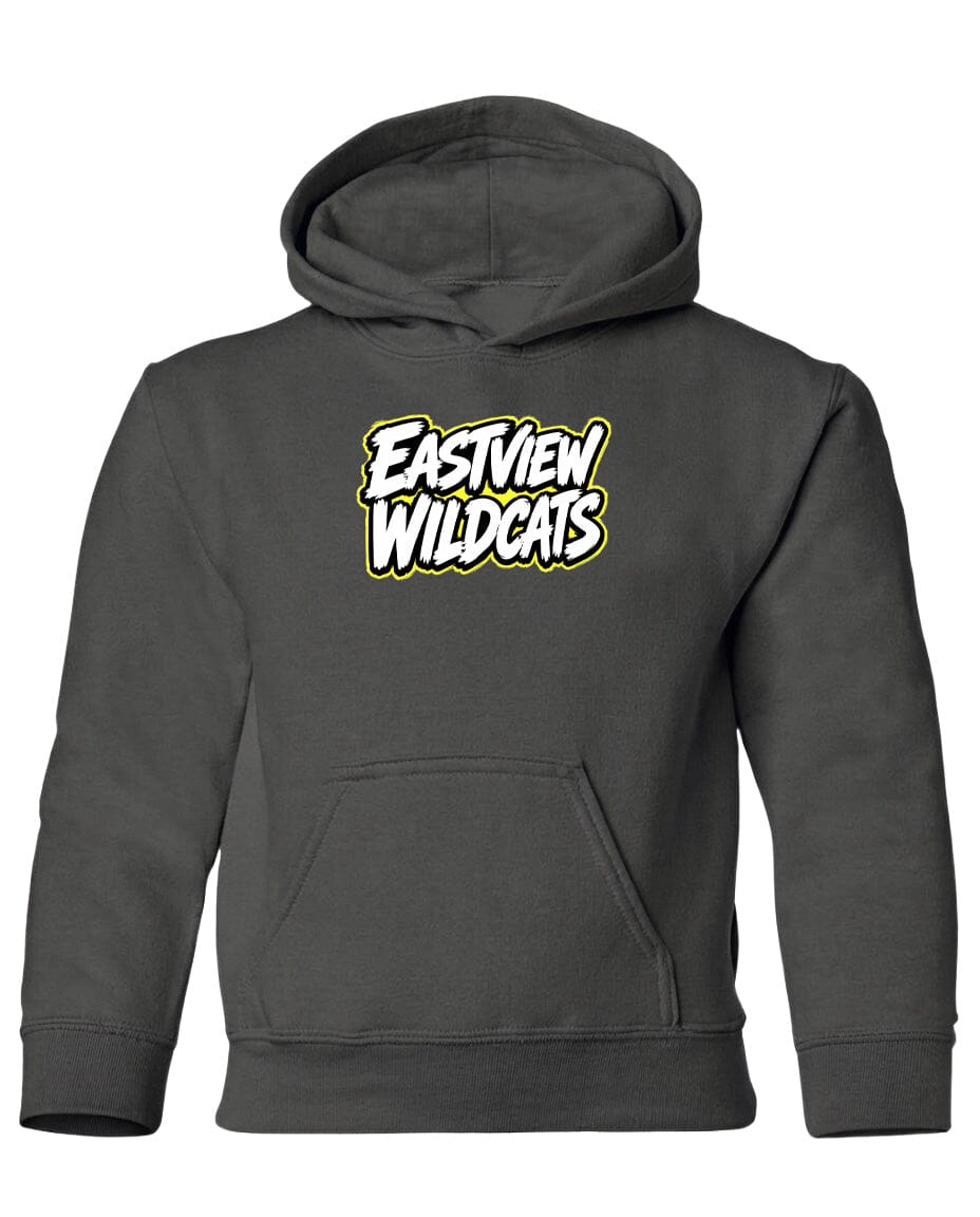 A gray hooded sweatshirt with a logo on the front.