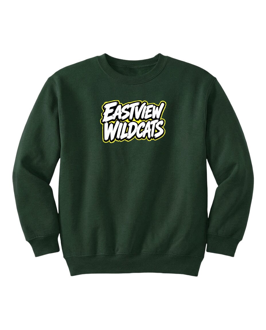 A dark green sweatshirt with a logo printed on it.