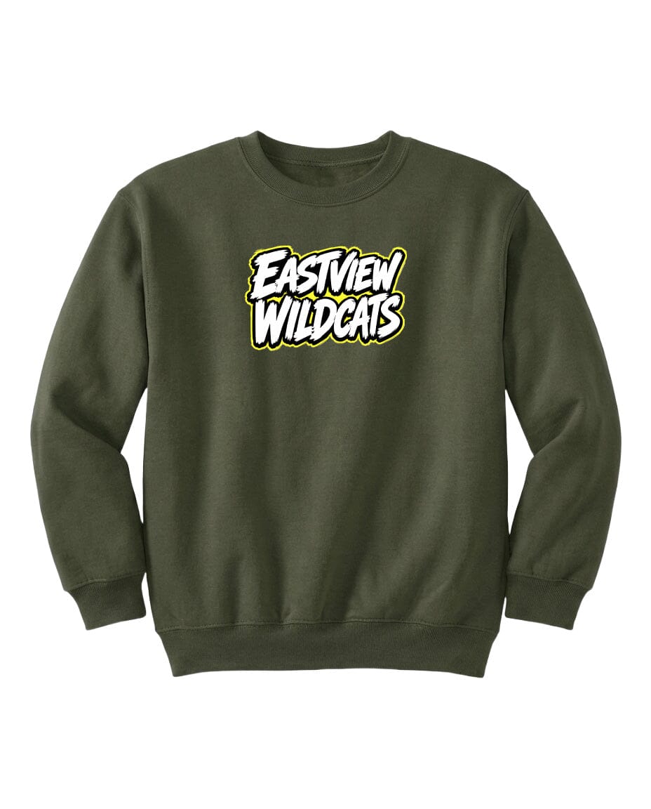A dark green sweatshirt with a yellow and white logo on the front.