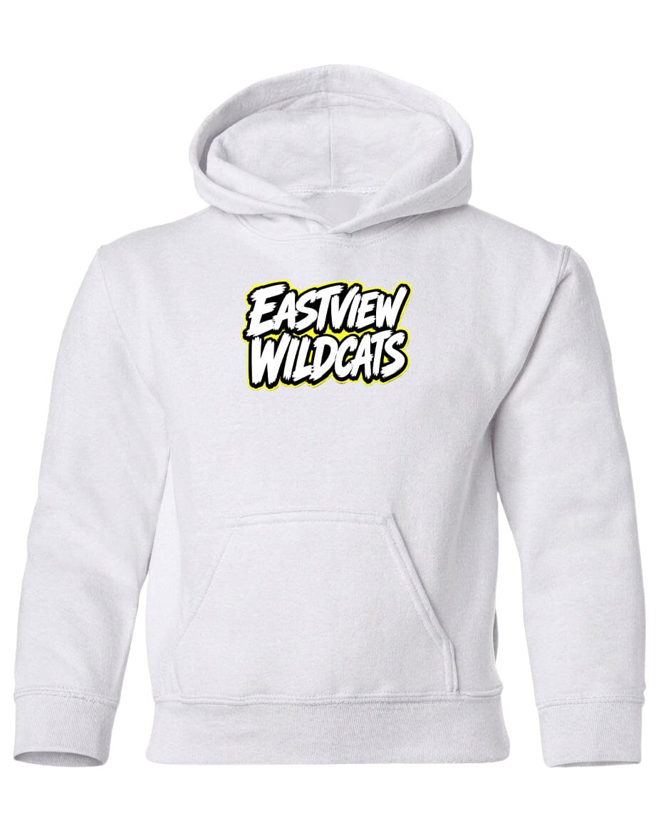 A white hoodie with the text "Eastview Wildcats" printed on it.