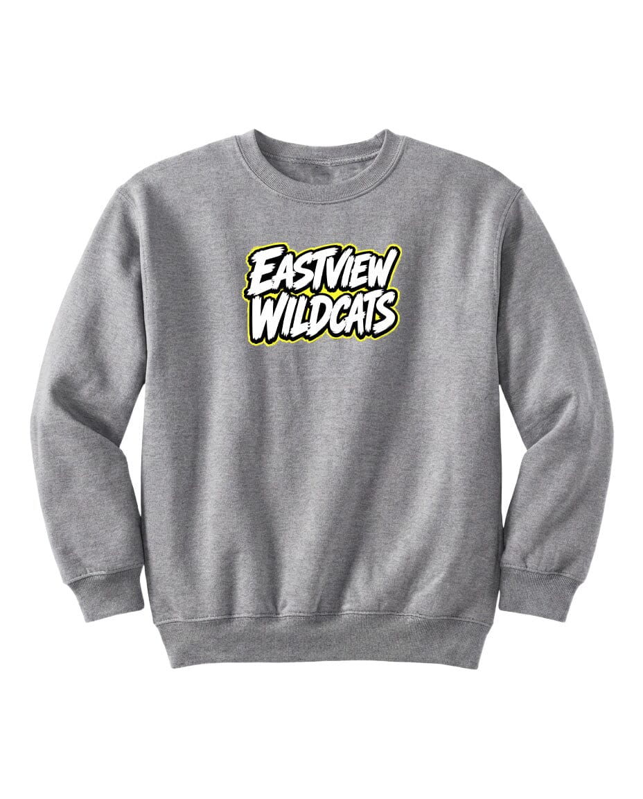 A gray sweatshirt with a logo on the front.