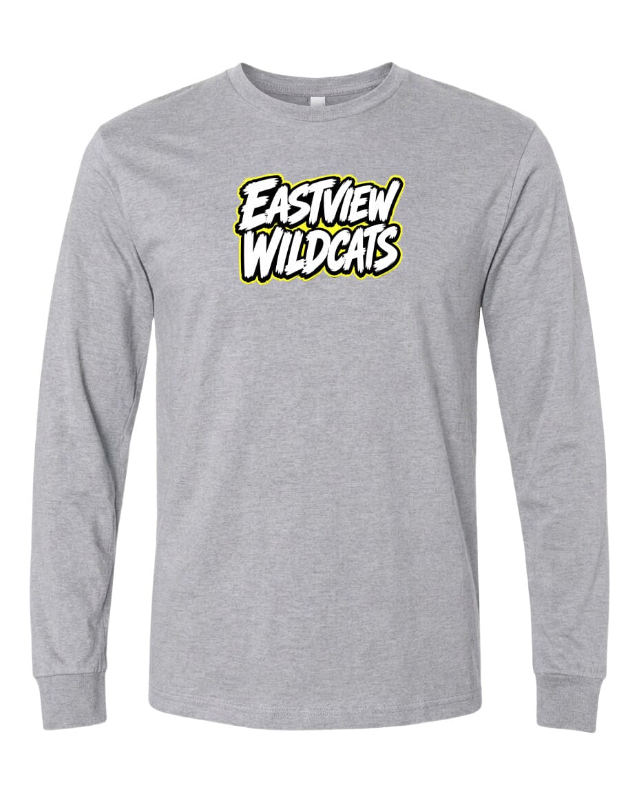 A gray long-sleeved t-shirt with a graphic design featuring the text "Eastview Wildcats" in a stylized font.