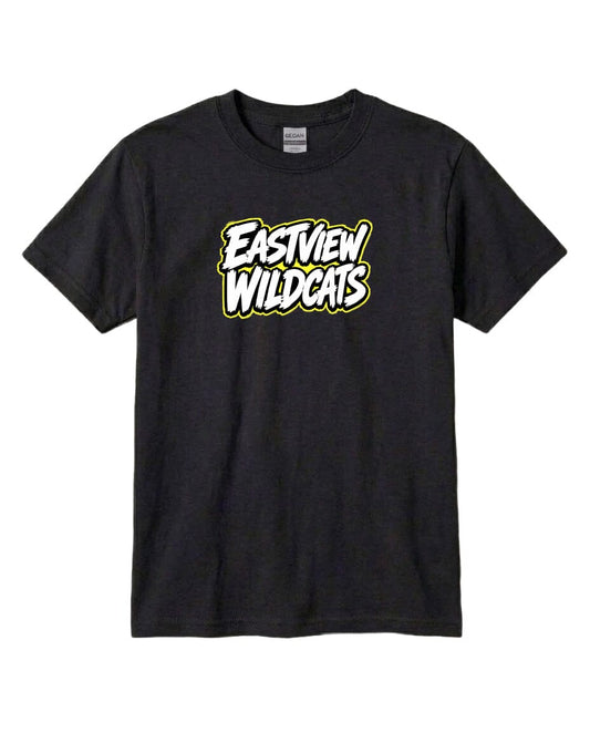 A black t-shirt with a white and yellow text logo that says "EASTVIEW WILDCATS".