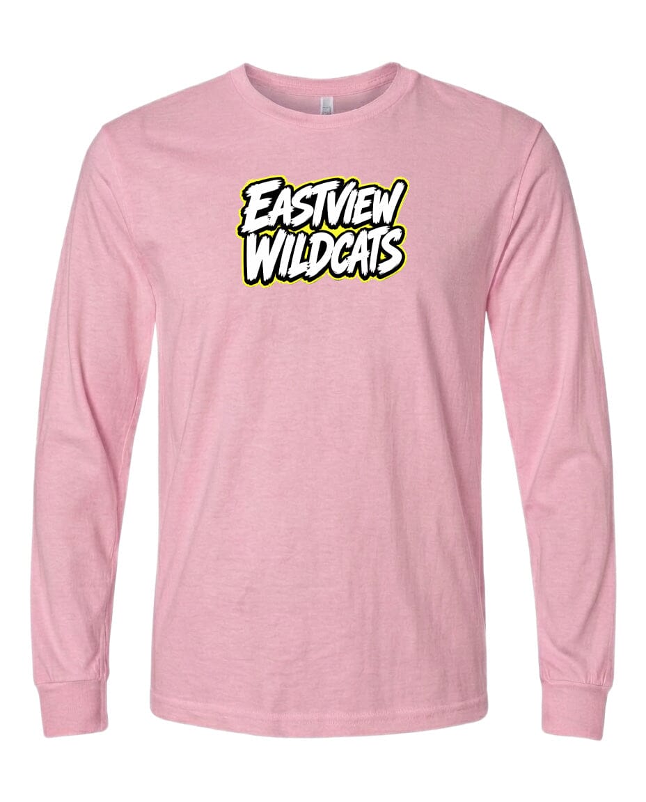 A pink long-sleeved t-shirt with the text "Eastview Wildcats" printed on it.