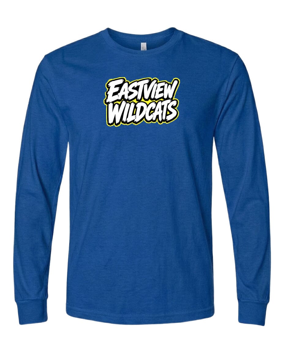 A blue long-sleeved t-shirt with the text "EASTVIEW WILDCATS" printed on it.
