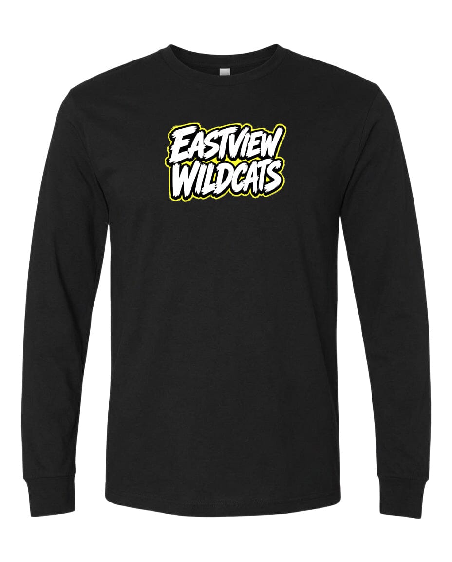 A black long-sleeved t-shirt with a white and yellow logo printed on it.
