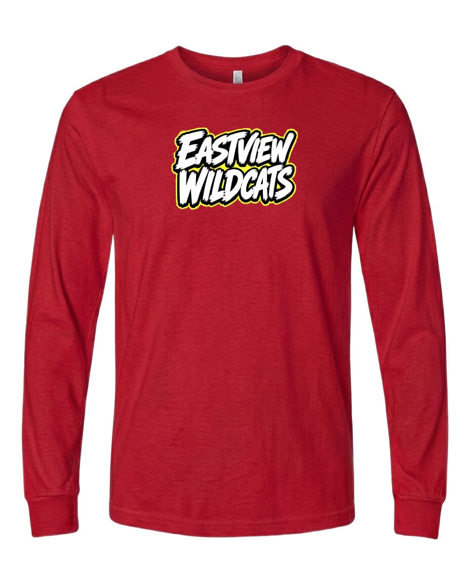 A red long-sleeved t-shirt with the text "EASTVIEW WILDCATS" printed on it.