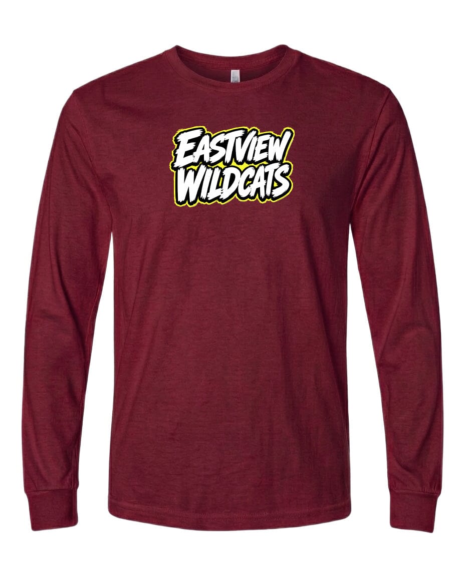 A burgundy long-sleeved t-shirt with the text "Eastview Wildcats" printed on it in white and yellow lettering.