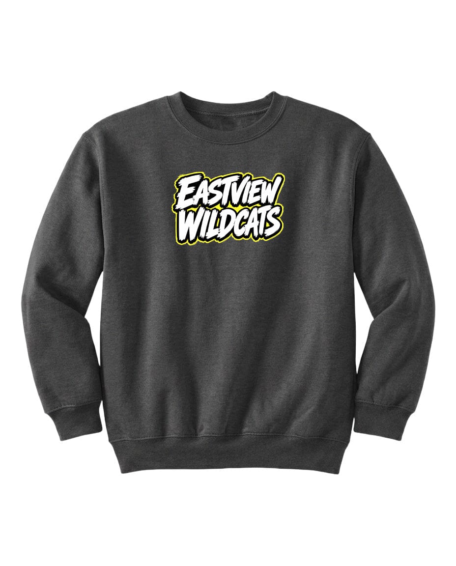 A gray sweatshirt with a yellow and white logo that says "Eastview Wildcats".