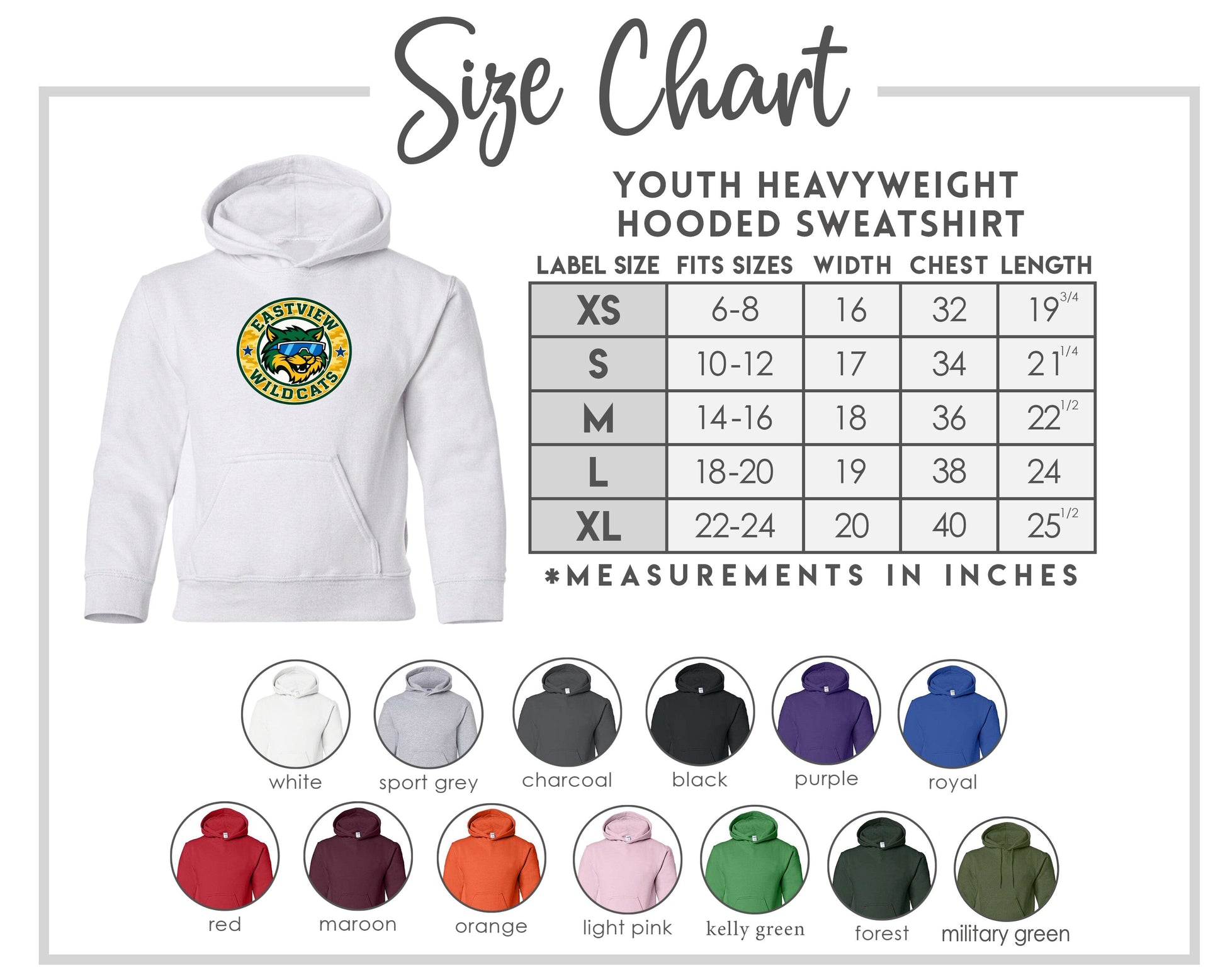 The image is a size chart for a youth heavyweight hooded sweatshirt. It includes a labeled hooded sweatshirt and a table with measurements for different sizes.
