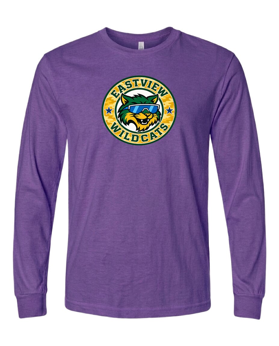 A purple long-sleeved t-shirt with a graphic design featuring a cartoon-like wildcat wearing sunglasses and the text "EASTVIEW WILDCATS" printed on it.