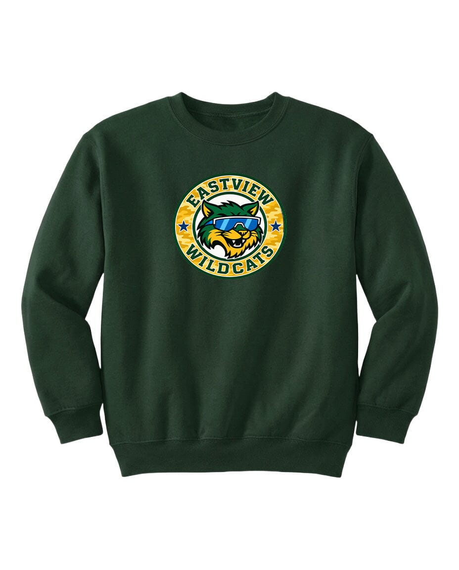 A dark green sweatshirt with a logo on the front.