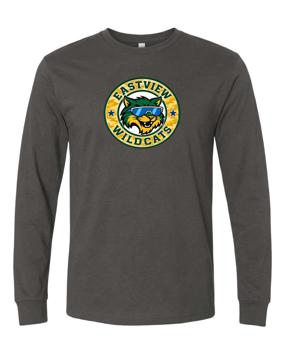 A gray long-sleeved t-shirt with a circular logo featuring a cartoon-like wildcat wearing sunglasses.