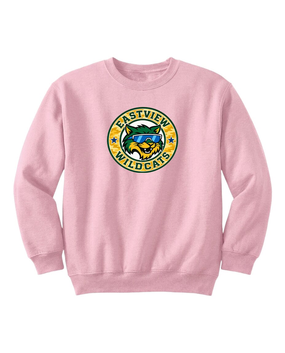 A pink sweatshirt with a logo on the front.