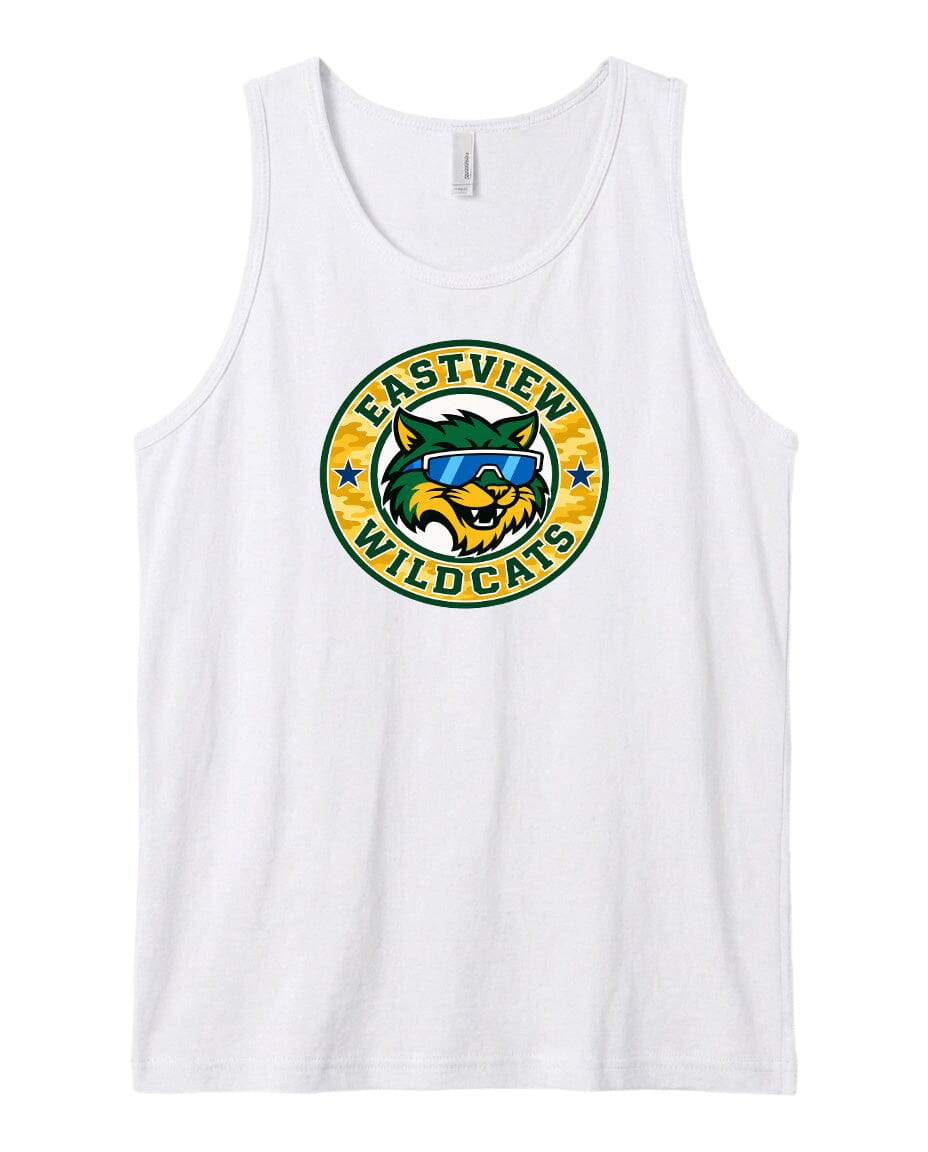 A white tank top with a circular logo featuring a cartoon cat wearing sunglasses and the text "EASTVIEW WILDCATS".