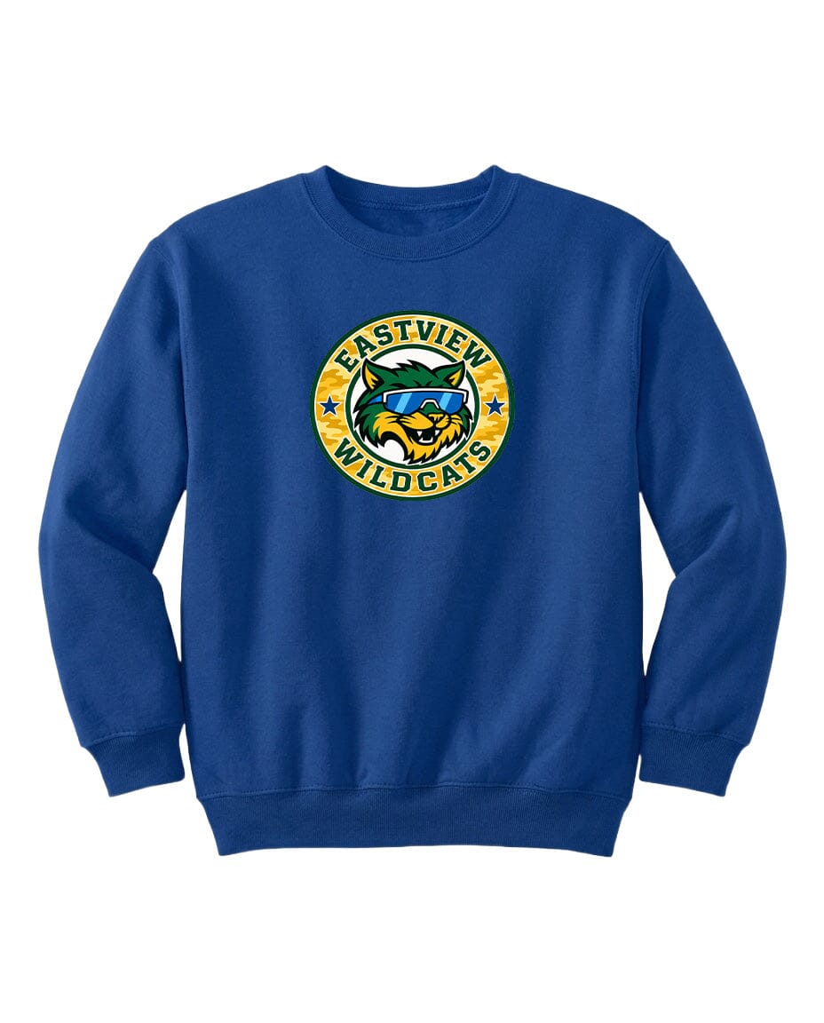 A blue sweatshirt with a logo on the front.