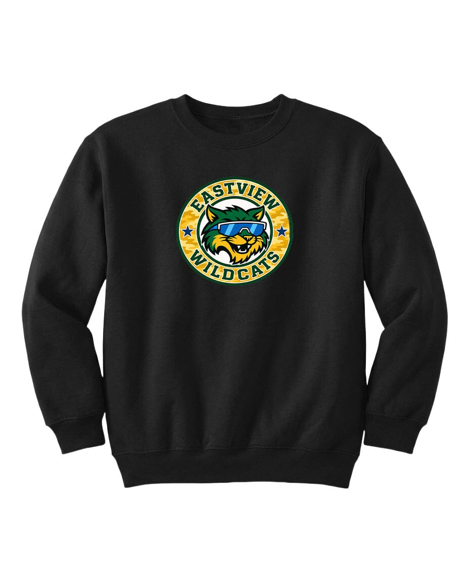A black sweatshirt with a logo on the front.