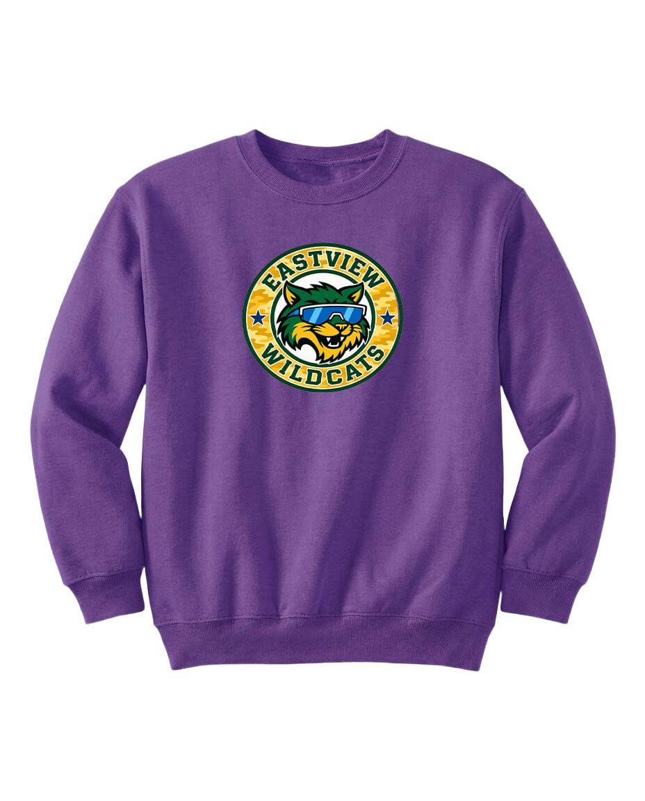 A purple sweatshirt with a logo on the front.