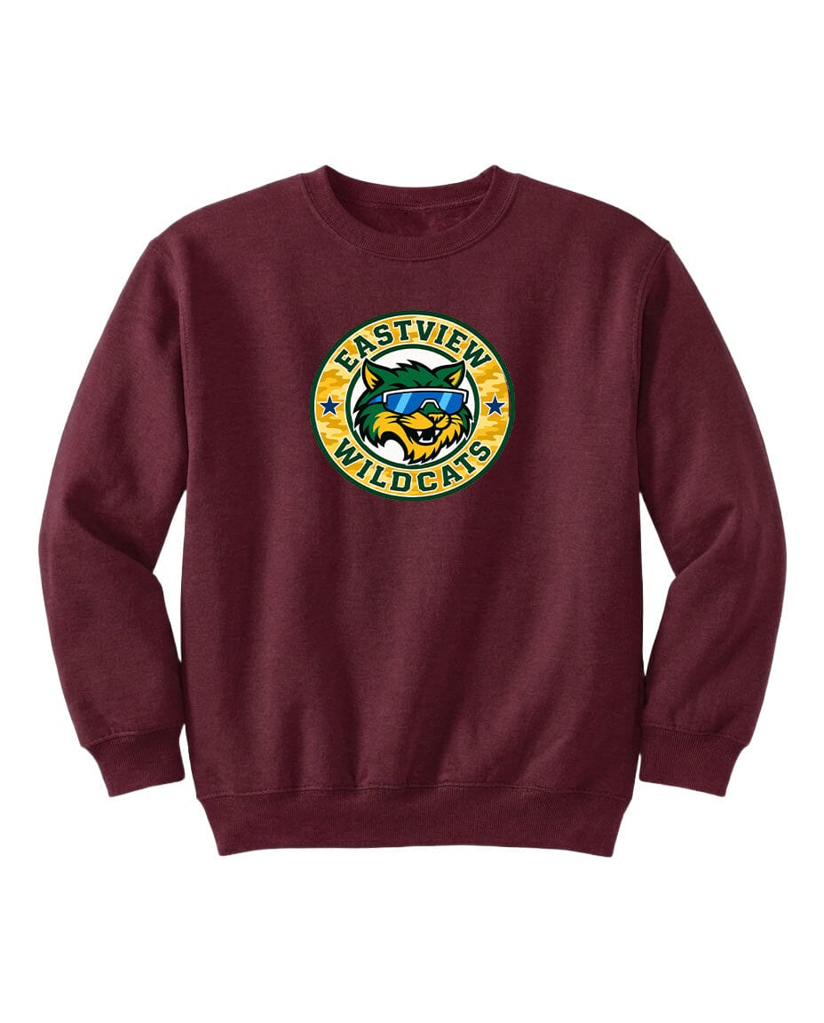 A burgundy sweatshirt with a graphic of a cat wearing sunglasses and the text "EASTVIEW WILDCATS" printed on it.