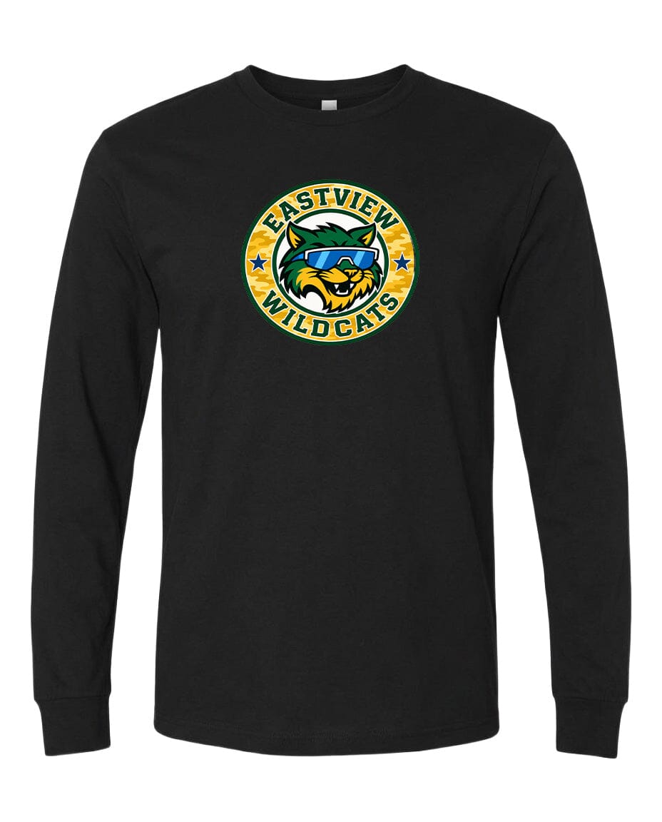 A black long-sleeved t-shirt with a graphic design featuring a yellow and green logo depicting a wildcat wearing sunglasses.
