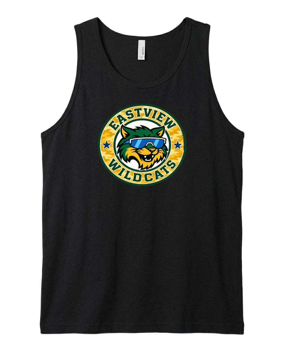 A black tank top with a graphic design featuring a cartoon-like wildcat wearing sunglasses and the text "EASTVIEW WILDCATS" around it.
