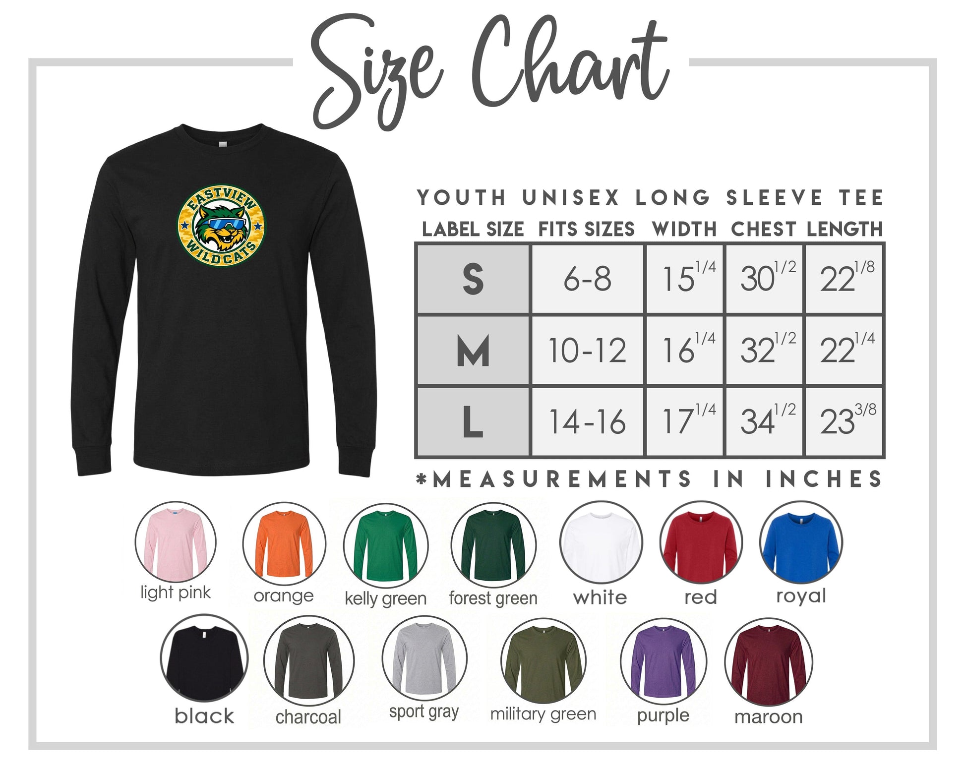 The image is a size chart for a youth unisex long sleeve tee, including various color options and corresponding measurements.