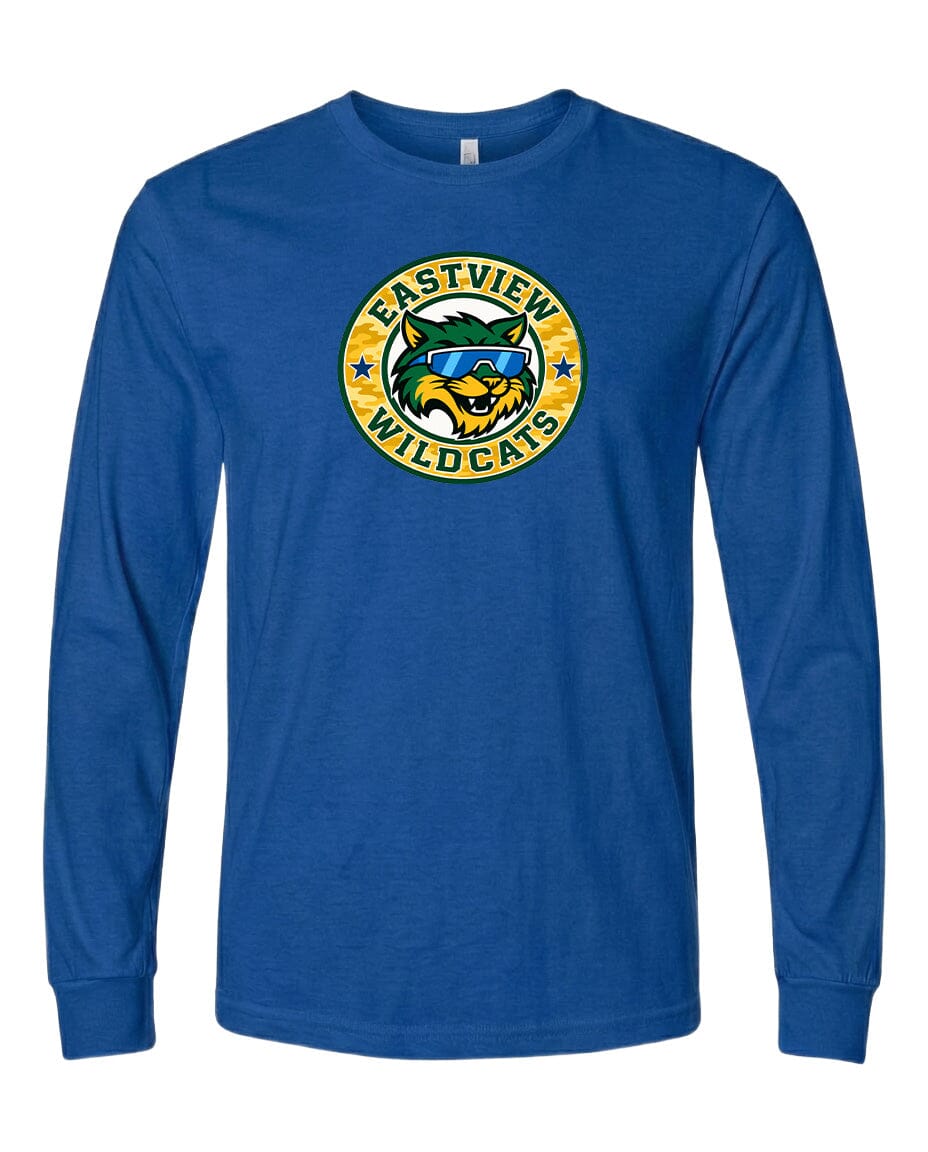 A blue long-sleeved t-shirt with a graphic design featuring a cartoon-like wildcat wearing sunglasses and the text "EASTVIEW WILDCATS" printed on it.