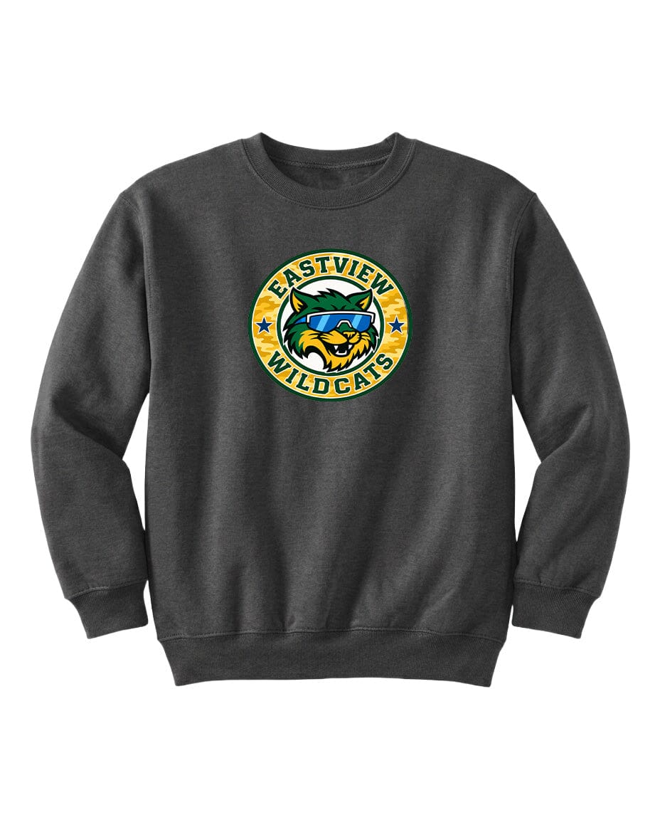 A gray sweatshirt with a logo on the front.