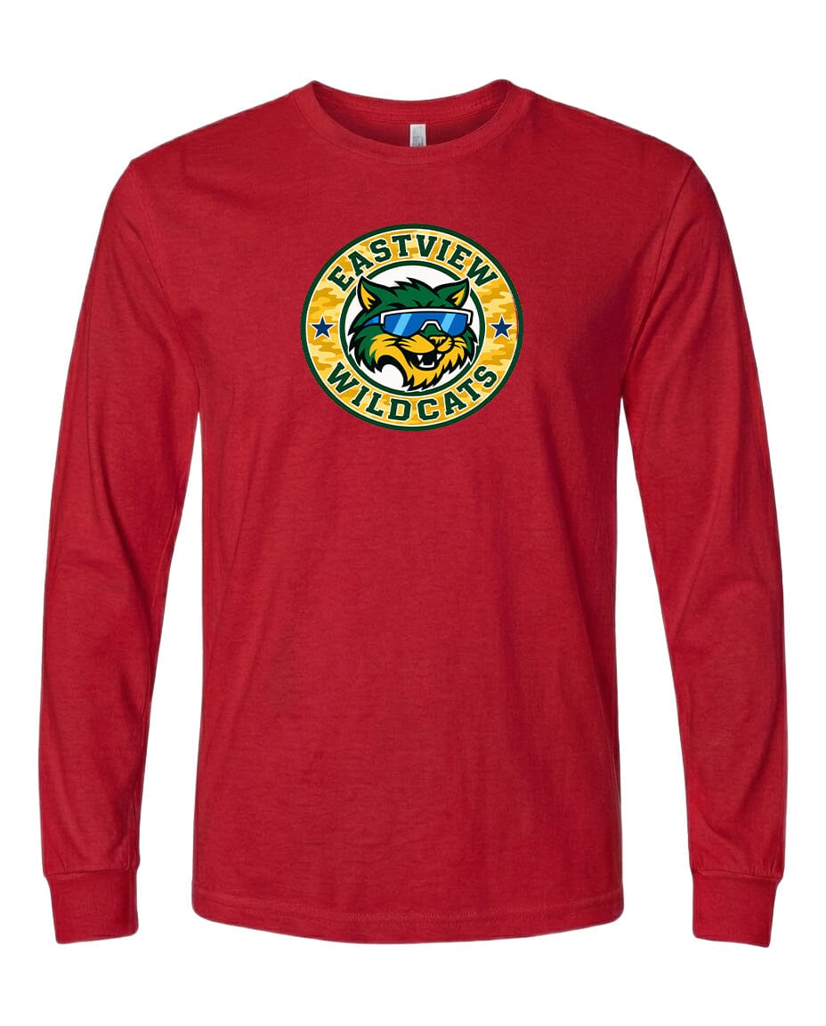 A red long-sleeved t-shirt with a graphic design featuring a yellow and green logo that says "EASTVIEW WILDCATS".