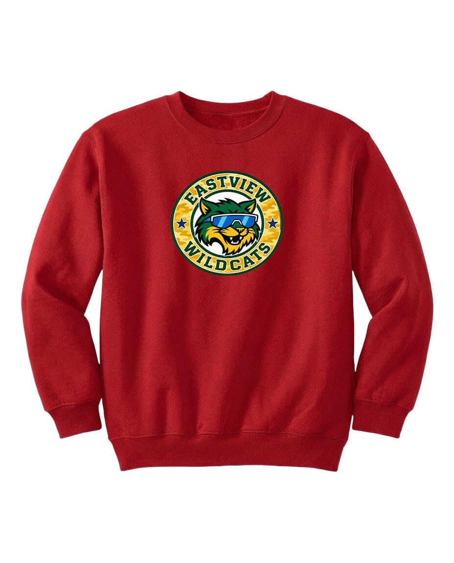 A red sweatshirt with a logo on the front.