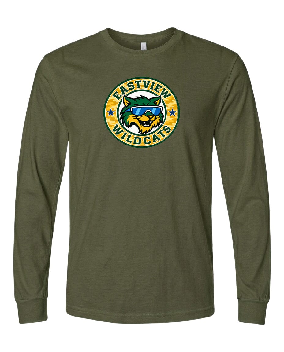 A long-sleeved olive green t-shirt with a graphic design featuring a yellow and green logo that says "EASTVIEW WILDCATS".