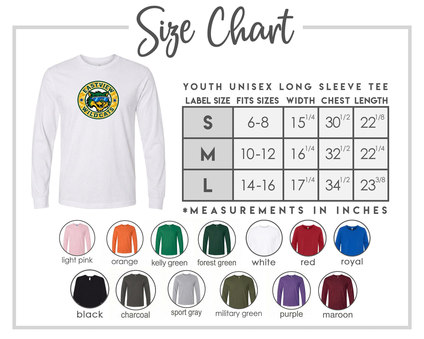 The image is a size chart for a youth unisex long sleeve tee, including various color options and corresponding measurements.