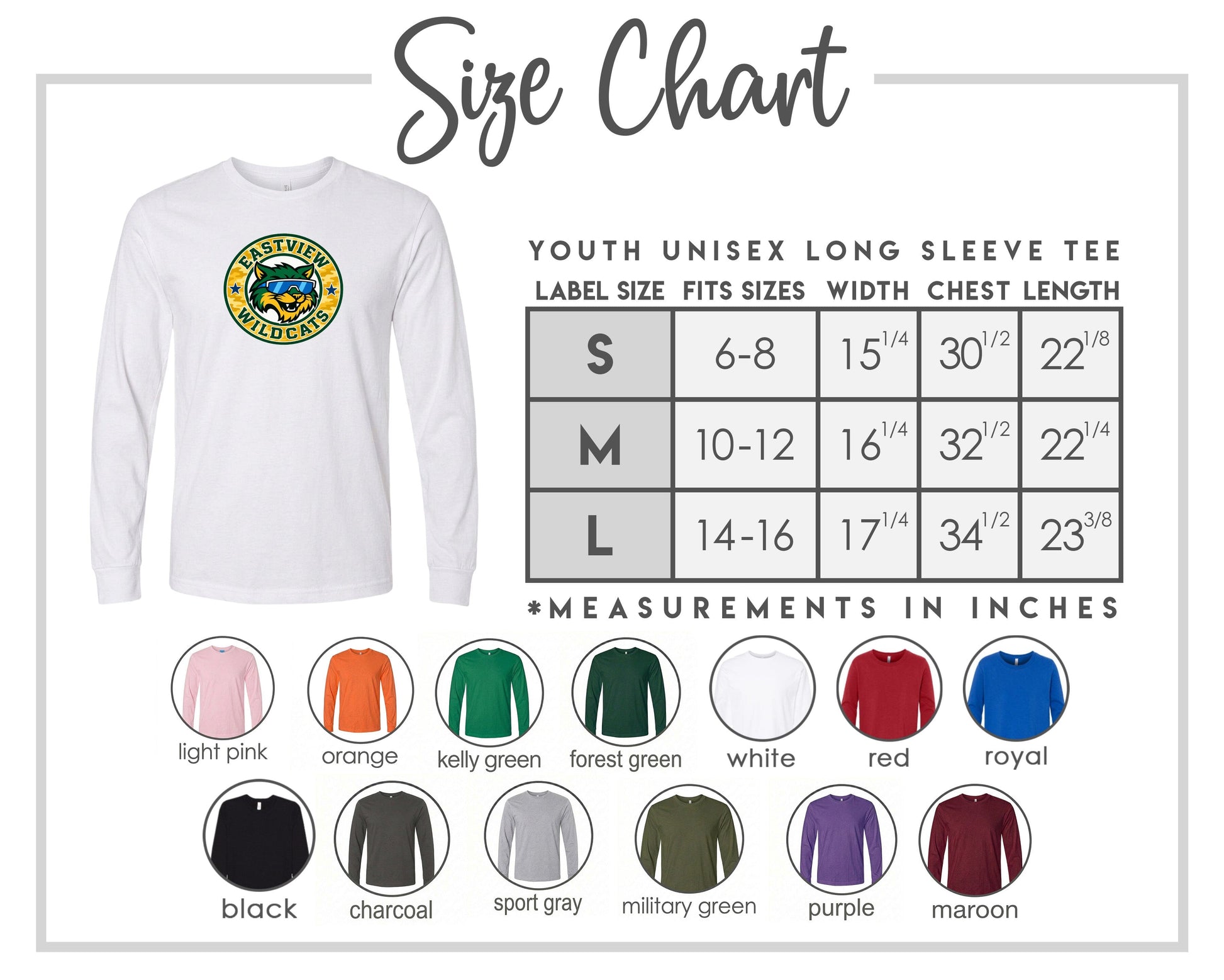The image is a size chart for a youth unisex long sleeve tee, including various color options and corresponding measurements.