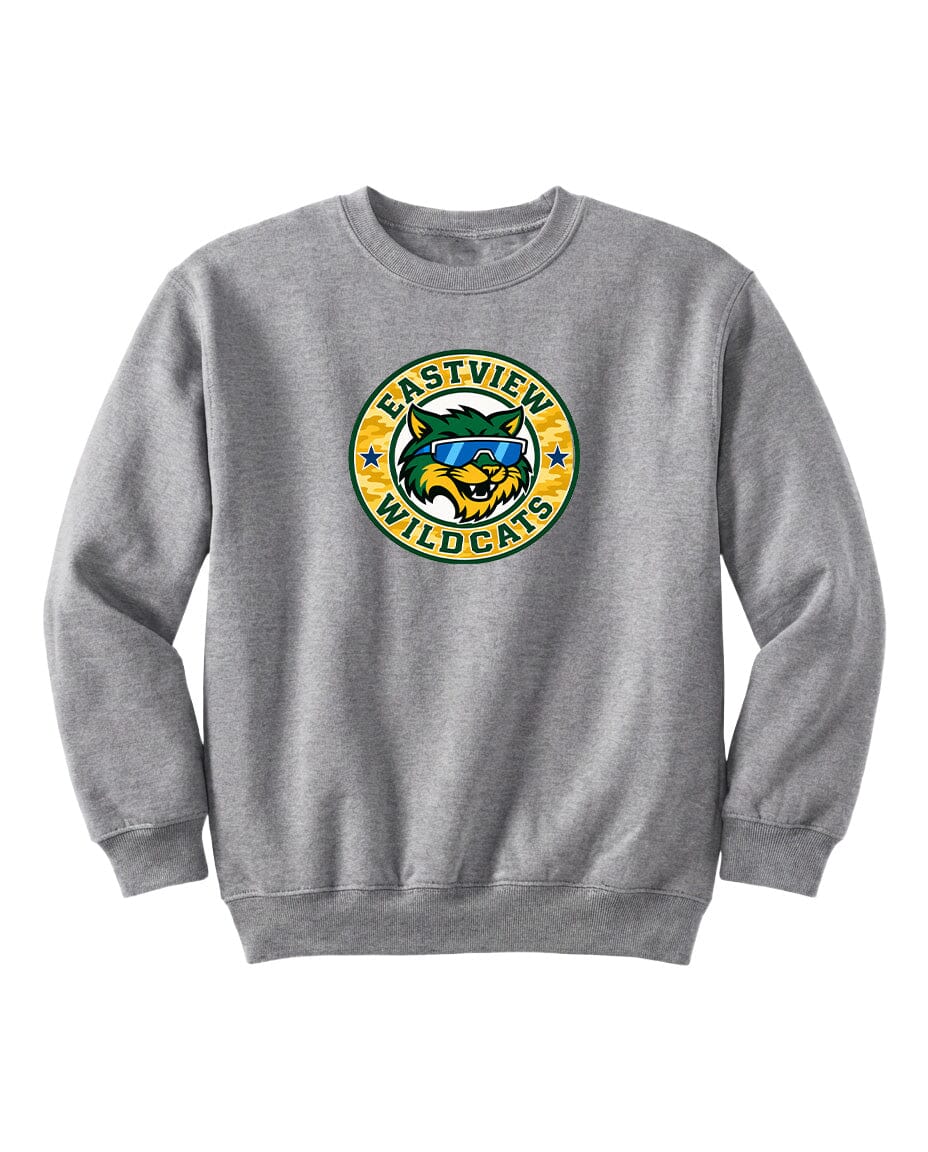 A gray sweatshirt with a logo on the front.