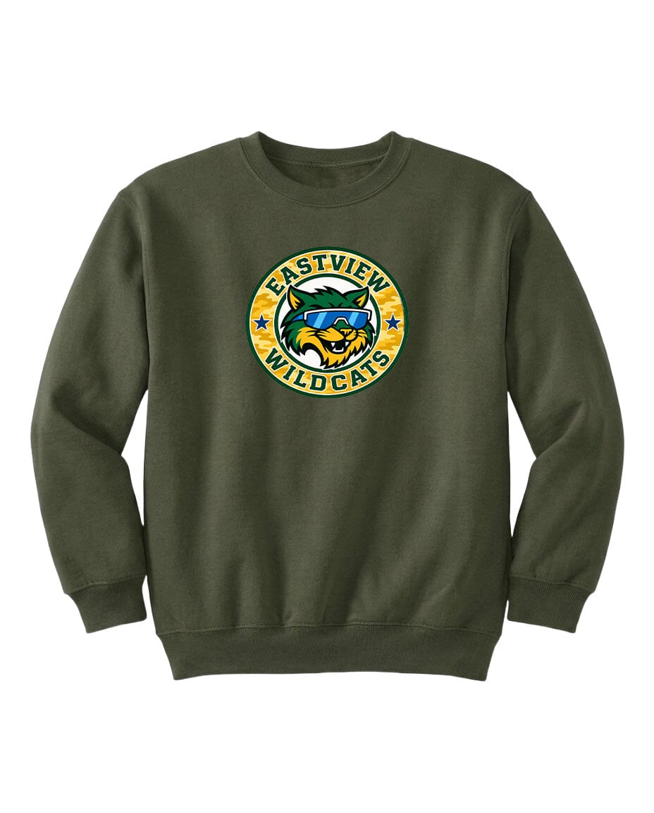 A dark green sweatshirt with a logo on the front.