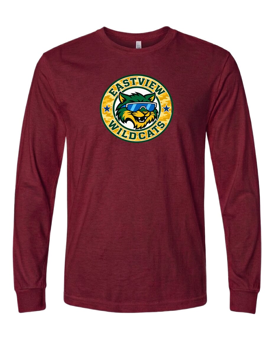 A burgundy long-sleeved t-shirt with a graphic design featuring a stylized cat wearing sunglasses and the text "EASTVIEW WILDCATS" printed on it.