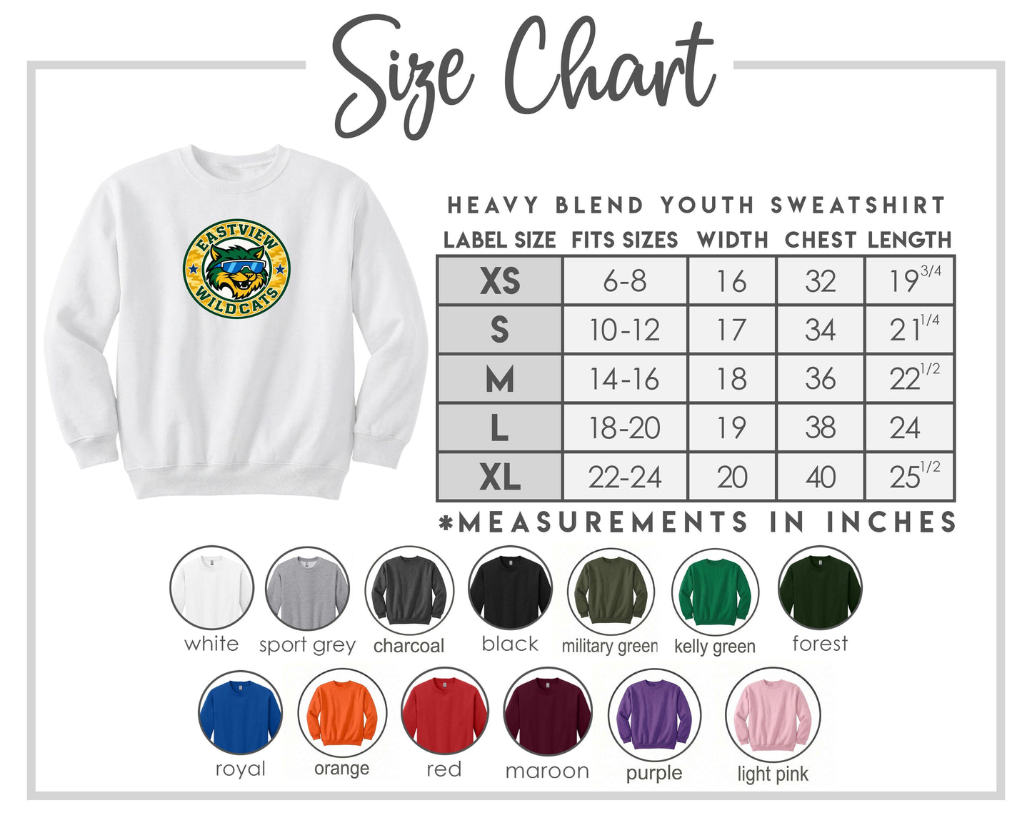 The image is a size chart for a heavy blend youth sweatshirt, including various color options and corresponding measurements in inches.