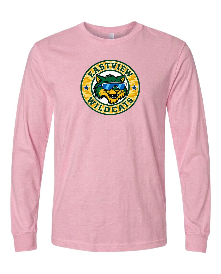 A pink long-sleeved t-shirt with a graphic design featuring a cartoon-like wildcat wearing sunglasses and the text "EASTVIEW WILDCATS" printed on it.