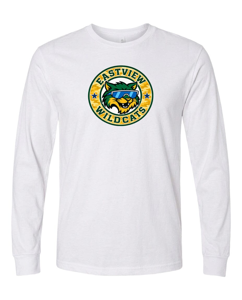 A white long-sleeved t-shirt with a circular logo featuring a cartoon-like wildcat wearing sunglasses.