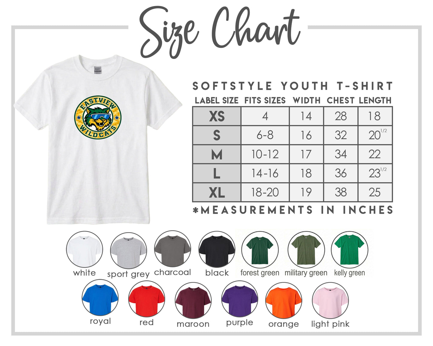 The image is a size chart for a softstyle youth t-shirt, providing measurements for different sizes and corresponding t-shirt colors.