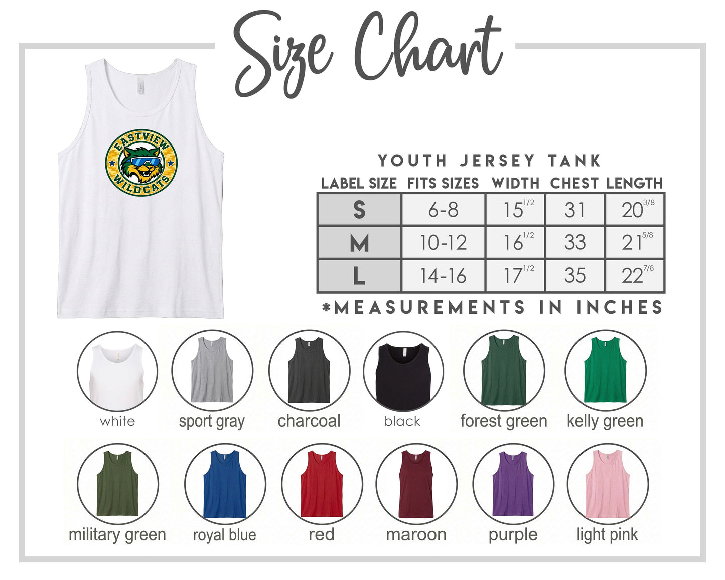 The image is a size chart for a youth jersey tank, displaying various label sizes and corresponding chest measurements.