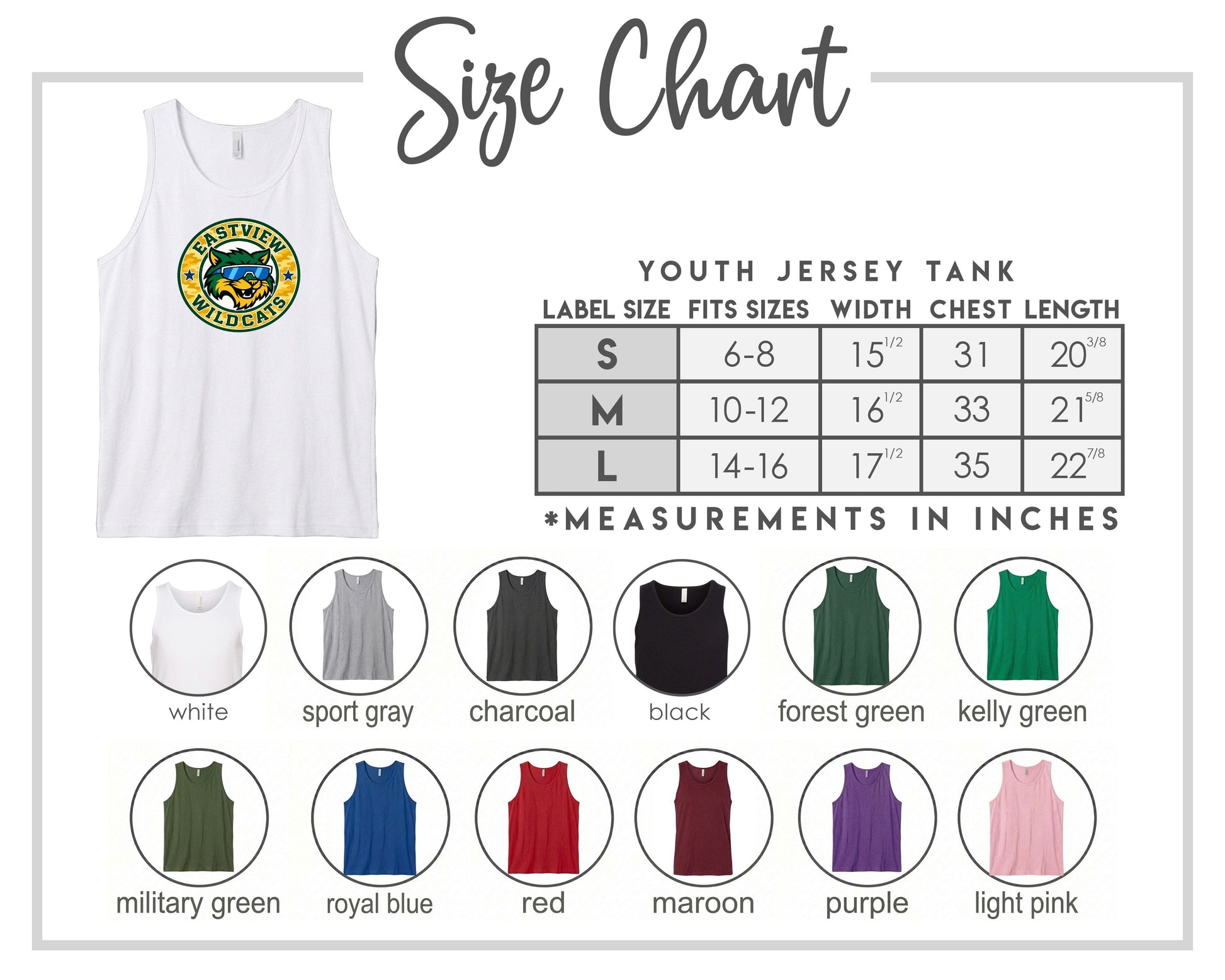 The image is a size chart for a youth jersey tank, displaying various label sizes and corresponding chest measurements.