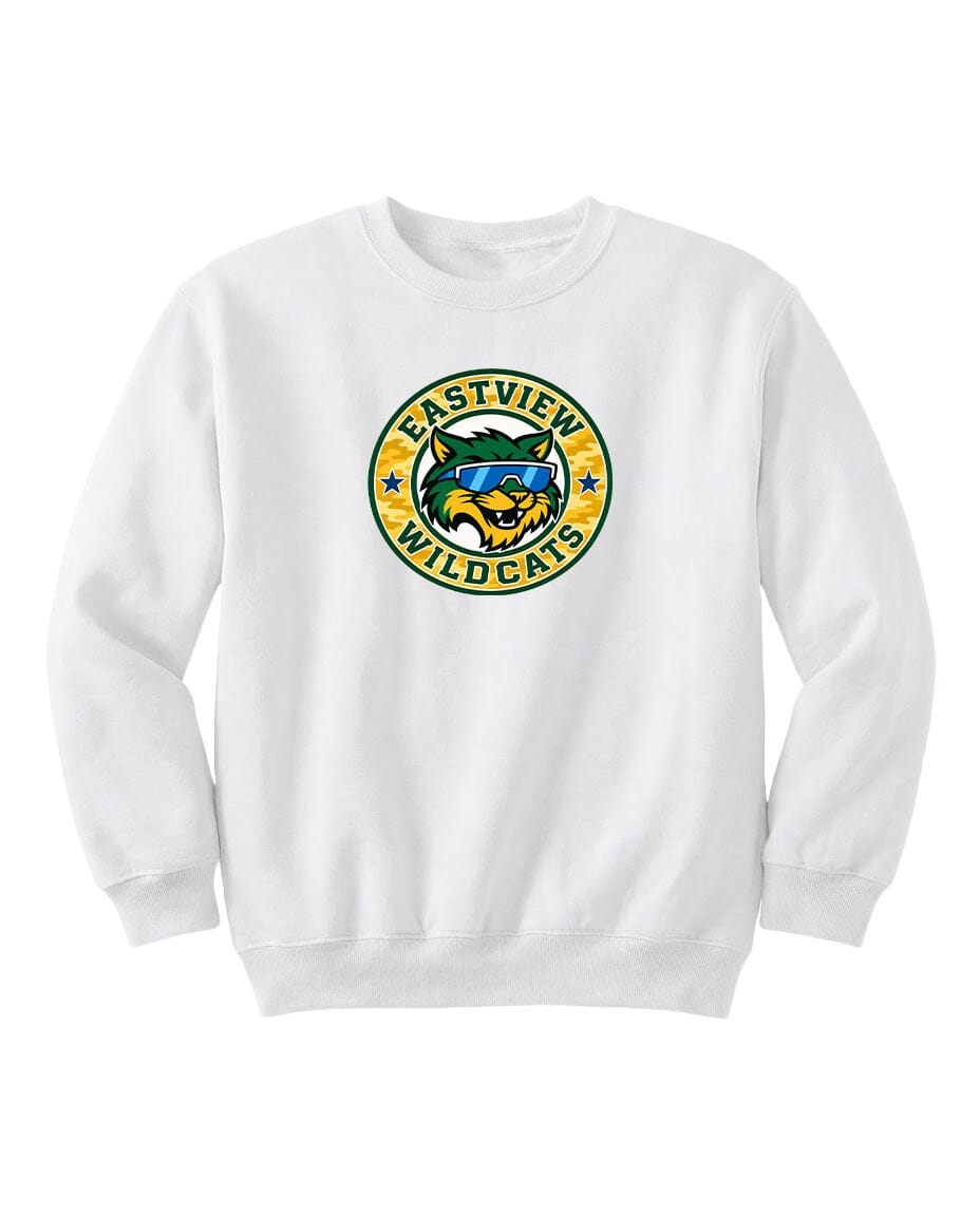 A white sweatshirt with a logo on the front.
