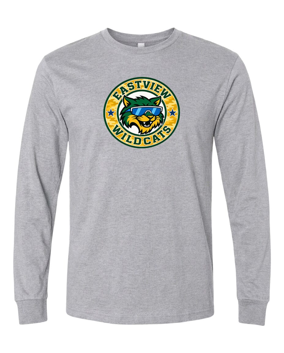A gray long-sleeved t-shirt with a graphic design featuring a cartoon-like wildcat wearing sunglasses and the text "EASTVIEW WILDCATS" printed on it.